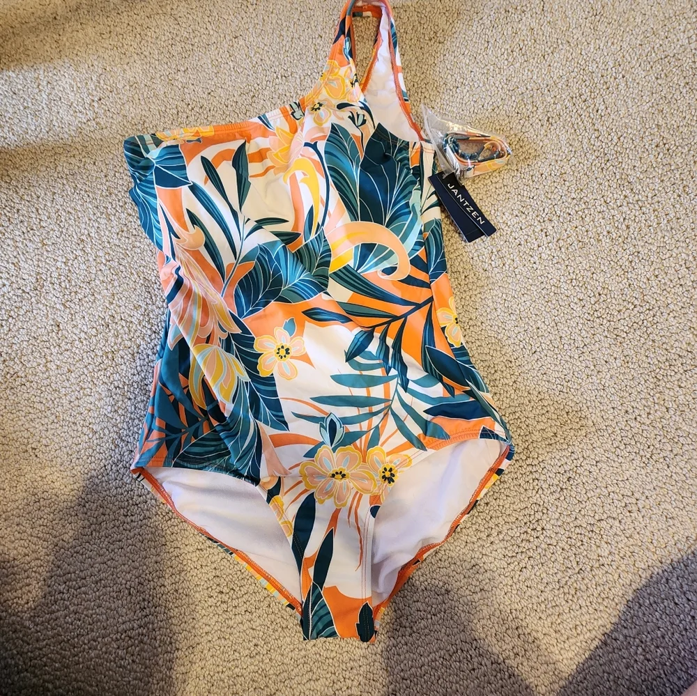 JANTZEN ☆ Tropical One-Shoulder Swimsuit. NWT. Comes with an extra strap - Picture 1 of 6